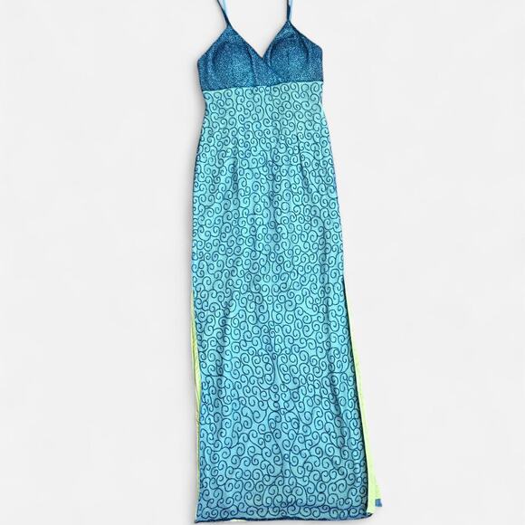 VTG Y2K Andretta Donatello Turquoise Blue Silk Beaded Swirly Formal Prom Dress - Picture 6 of 8